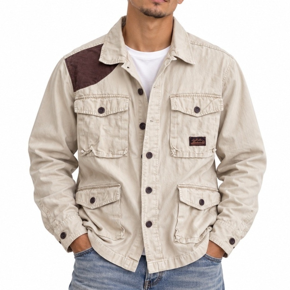 Vtg Y2K Akademiks Mens XL Tan Canvas Safari Field Jacket Shooting Patch Utility